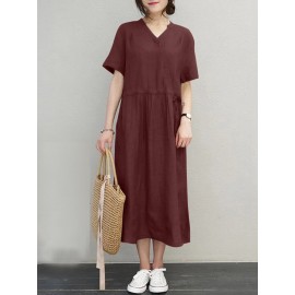 Women Solid Notched Neck Drawstring Waist Short Sleeve Dress Women Solid Notched Neck Drawstring Waist Short Sleeve Dress