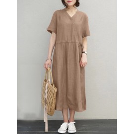 Women Solid Notched Neck Drawstring Waist Short Sleeve Dress Women Solid Notched Neck Drawstring Waist Short Sleeve Dress