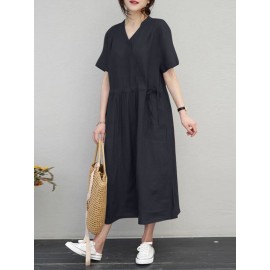 Women Solid Notched Neck Drawstring Waist Short Sleeve Dress Women Solid Notched Neck Drawstring Waist Short Sleeve Dress