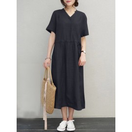 Women Solid Notched Neck Drawstring Waist Short Sleeve Dress Women Solid Notched Neck Drawstring Waist Short Sleeve Dress