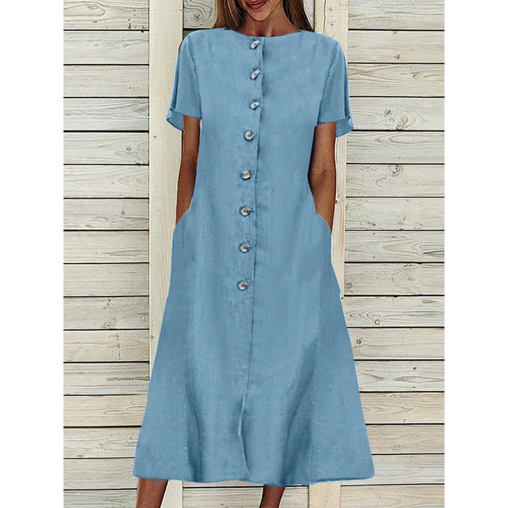 Women Solid Button Front Short Sleeve Denim Shirt Dress Women Solid Button Front Short Sleeve Denim Shirt Dress