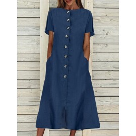 Women Solid Button Front Short Sleeve Denim Shirt Dress Women Solid Button Front Short Sleeve Denim Shirt Dress