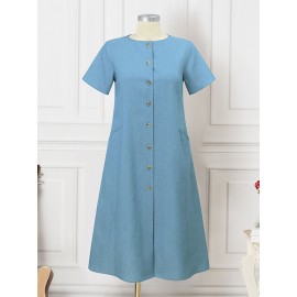 Women Solid Button Front Short Sleeve Denim Shirt Dress Women Solid Button Front Short Sleeve Denim Shirt Dress