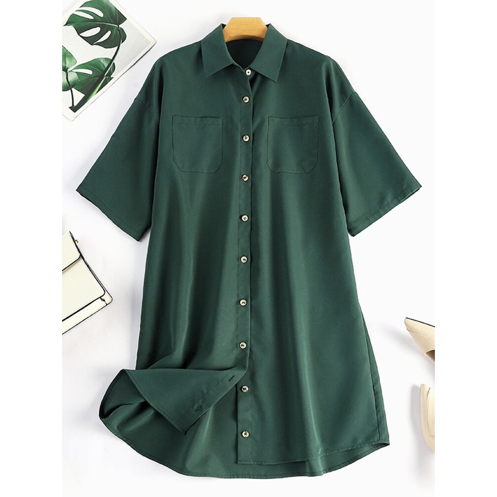 Women Solid Lapel Double Pocket Button Front Shirt Dress Women Solid Lapel Double Pocket Button Front Shirt Dress