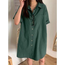 Women Solid Lapel Double Pocket Button Front Shirt Dress Women Solid Lapel Double Pocket Button Front Shirt Dress