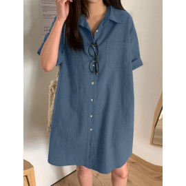 Women Solid Lapel Double Pocket Button Front Shirt Dress Women Solid Lapel Double Pocket Button Front Shirt Dress