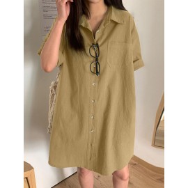 Women Solid Lapel Double Pocket Button Front Shirt Dress Women Solid Lapel Double Pocket Button Front Shirt Dress