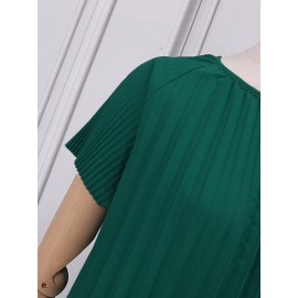 Women Solid Pleated Crew Neck Casual Short Sleeve Dress Women Solid Pleated Crew Neck Casual Short Sleeve Dress