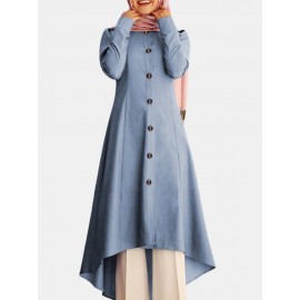 Solid Color Button Curved Hem Casual Muslim Dress for Women Solid Color Button Curved Hem Casual Muslim Dress for Women