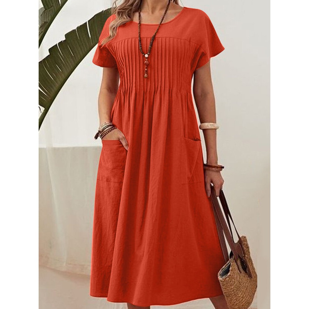 Women Solid Pleated Crew Neck Double Pocket Casual Dress Women Solid Pleated Crew Neck Double Pocket Casual Dress