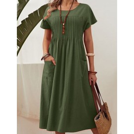Women Solid Pleated Crew Neck Double Pocket Casual Dress Women Solid Pleated Crew Neck Double Pocket Casual Dress