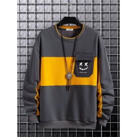 Mens Smile Face Print Patchwork Crew Neck Pullover Sweatshirts Winter Mens Smile Face Print Patchwork Crew Neck Pullover Sweatshirts Winter