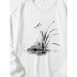 Mens Dragonfly Ink Painting Print Crew Neck Pullover Sweatshirts Winter Mens Dragonfly Ink Painting Print Crew Neck Pullover Sweatshirts Winter