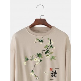 Mens Chinese Style Floral Print Crew Neck Pullover Sweatshirts Winter Mens Chinese Style Floral Print Crew Neck Pullover Sweatshirts Winter