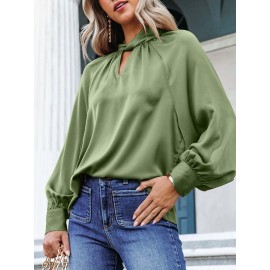 Women Satin Keyhole Neck Plain Casual Long Sleeve Blouse Women Satin Keyhole Neck Plain Casual Long Sleeve Blouse