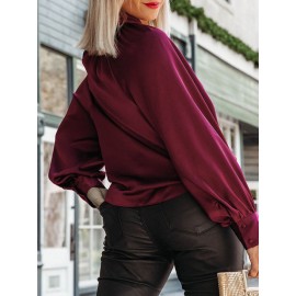 Women Satin Keyhole Neck Plain Casual Long Sleeve Blouse Women Satin Keyhole Neck Plain Casual Long Sleeve Blouse
