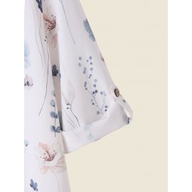 Floral Plant Print Half Button Texture Roll Up Sleeve Shirt Floral Plant Print Half Button Texture Roll Up Sleeve Shirt