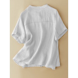 Women Solid Stand Collar Button Up Cotton Short Sleeve Shirt Women Solid Stand Collar Button Up Cotton Short Sleeve Shirt