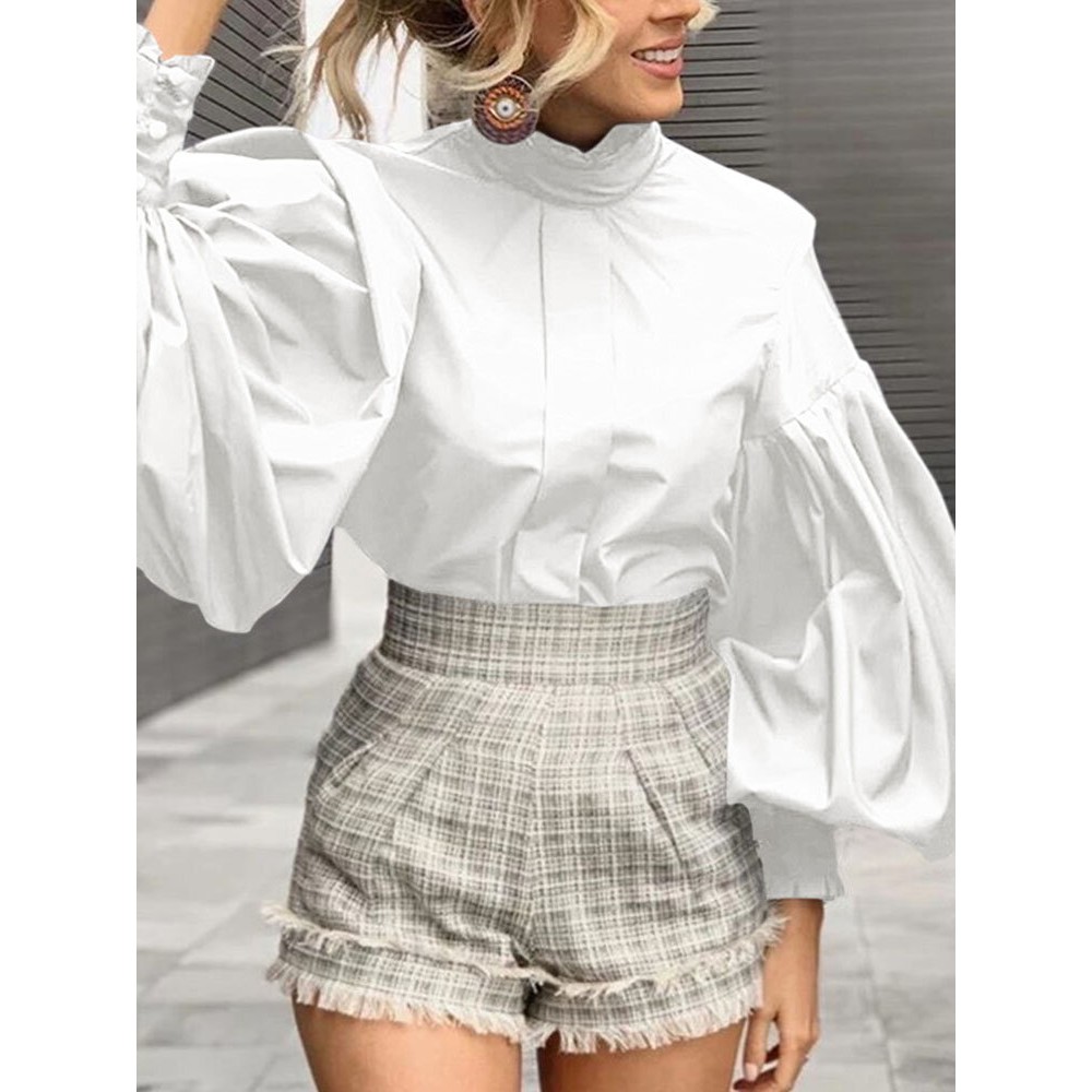 Solid Color Long Lantern Sleeve Ruffle Shirt For Women Solid Color Long Lantern Sleeve Ruffle Shirt For Women