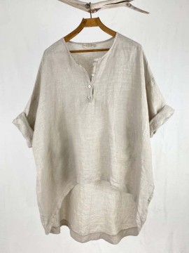 Women Solid Quarter Button High-Low Hem Cotton Blouse