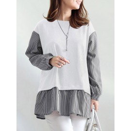 Women Stripe Patchwork Crew Neck Casual Long Sleeve Blouse Women Stripe Patchwork Crew Neck Casual Long Sleeve Blouse