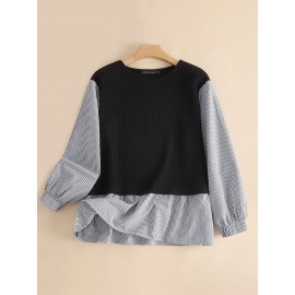 Women Stripe Patchwork Crew Neck Casual Long Sleeve Blouse Women Stripe Patchwork Crew Neck Casual Long Sleeve Blouse