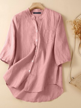 Women Plain Stand Collar Chest Pocket Cotton 3/4 Sleeve Shirt