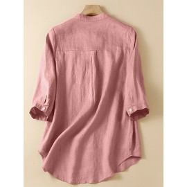 Women Plain Stand Collar Chest Pocket Cotton 3/4 Sleeve Shirt Women Plain Stand Collar Chest Pocket Cotton 3/4 Sleeve Shirt