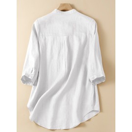 Women Plain Stand Collar Chest Pocket Cotton 3/4 Sleeve Shirt Women Plain Stand Collar Chest Pocket Cotton 3/4 Sleeve Shirt