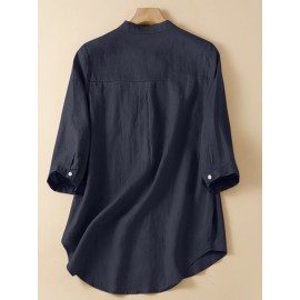 Women Plain Stand Collar Chest Pocket Cotton 3/4 Sleeve Shirt Women Plain Stand Collar Chest Pocket Cotton 3/4 Sleeve Shirt