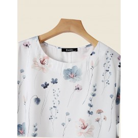 Women Vintage Floral Plant Print Crew Neck Short Sleeve Blouse Women Vintage Floral Plant Print Crew Neck Short Sleeve Blouse