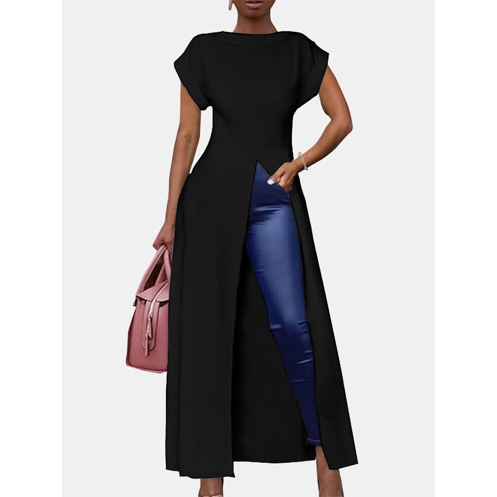 Splited Solid Color Short Sleeve O-neck Long Blouse For Women Splited Solid Color Short Sleeve O-neck Long Blouse For Women