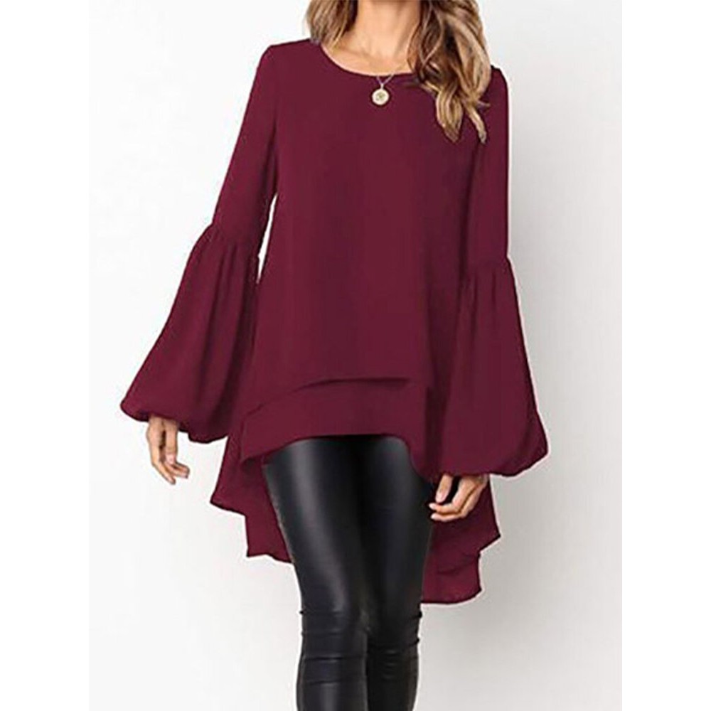 Front Two-layer Lantern Sleeves Long-sleeved Hem Stitching Blouse Front Two-layer Lantern Sleeves Long-sleeved Hem Stitching Blouse