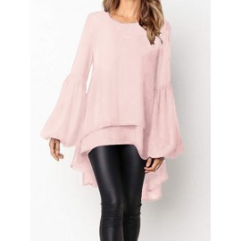 Front Two-layer Lantern Sleeves Long-sleeved Hem Stitching Blouse Front Two-layer Lantern Sleeves Long-sleeved Hem Stitching Blouse