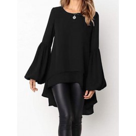 Front Two-layer Lantern Sleeves Long-sleeved Hem Stitching Blouse Front Two-layer Lantern Sleeves Long-sleeved Hem Stitching Blouse