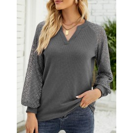 Women Lace Patchwork Knit Notched Neck Long Sleeve Blouse Women Lace Patchwork Knit Notched Neck Long Sleeve Blouse