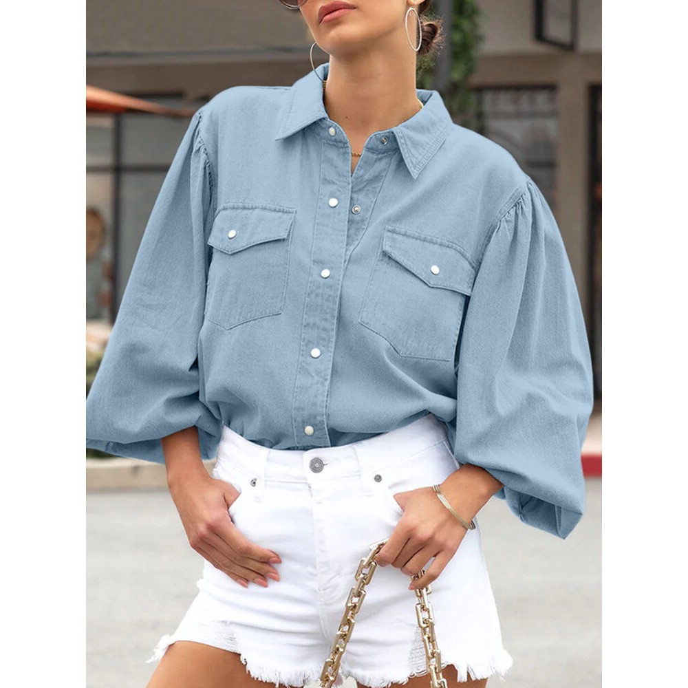 Women Solid Lapel Flap Pocket Long Sleeve Denim Shirt Women Solid Lapel Flap Pocket Long Sleeve Denim Shirt