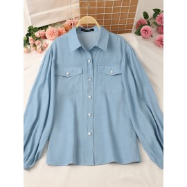 Women Solid Lapel Flap Pocket Long Sleeve Denim Shirt Women Solid Lapel Flap Pocket Long Sleeve Denim Shirt