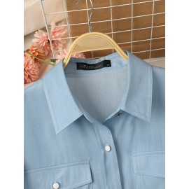 Women Solid Lapel Flap Pocket Long Sleeve Denim Shirt Women Solid Lapel Flap Pocket Long Sleeve Denim Shirt