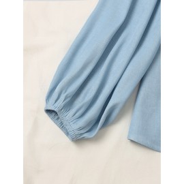 Women Solid Lapel Flap Pocket Long Sleeve Denim Shirt Women Solid Lapel Flap Pocket Long Sleeve Denim Shirt