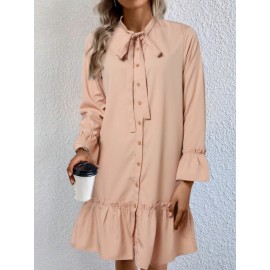 Women Ruffle Trim Tie Neck Plain Long Sleeve Shirt Women Ruffle Trim Tie Neck Plain Long Sleeve Shirt
