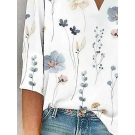 Women Allover Floral Plant Print V-Neck 3/4 Sleeve Blouse Women Allover Floral Plant Print V-Neck 3/4 Sleeve Blouse
