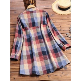 Vintage Print Plaid Multicolor Long Sleeve Button Blouse Vintage Print Plaid Multicolor Long Sleeve Button Blouse