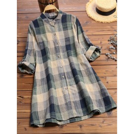 Vintage Print Plaid Multicolor Long Sleeve Button Blouse Vintage Print Plaid Multicolor Long Sleeve Button Blouse