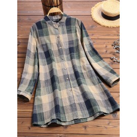 Vintage Print Plaid Multicolor Long Sleeve Button Blouse Vintage Print Plaid Multicolor Long Sleeve Button Blouse