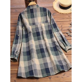 Vintage Print Plaid Multicolor Long Sleeve Button Blouse Vintage Print Plaid Multicolor Long Sleeve Button Blouse