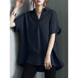 Women Solid Johnny Collar Casual Short Sleeve Blouse Women Solid Johnny Collar Casual Short Sleeve Blouse