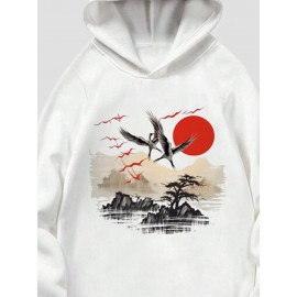 Mens Chinese Style Crane Landscape Print Long Sleeve Hoodies Winter Mens Chinese Style Crane Landscape Print Long Sleeve Hoodies Winter