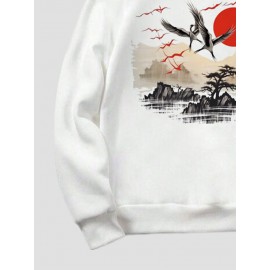 Mens Chinese Style Crane Landscape Print Long Sleeve Hoodies Winter Mens Chinese Style Crane Landscape Print Long Sleeve Hoodies Winter