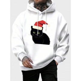 Mens Christmas Hat Cat Graphic Kangaroo Pocket Drawstring Hoodies Winter Mens Christmas Hat Cat Graphic Kangaroo Pocket Drawstring Hoodies Winter